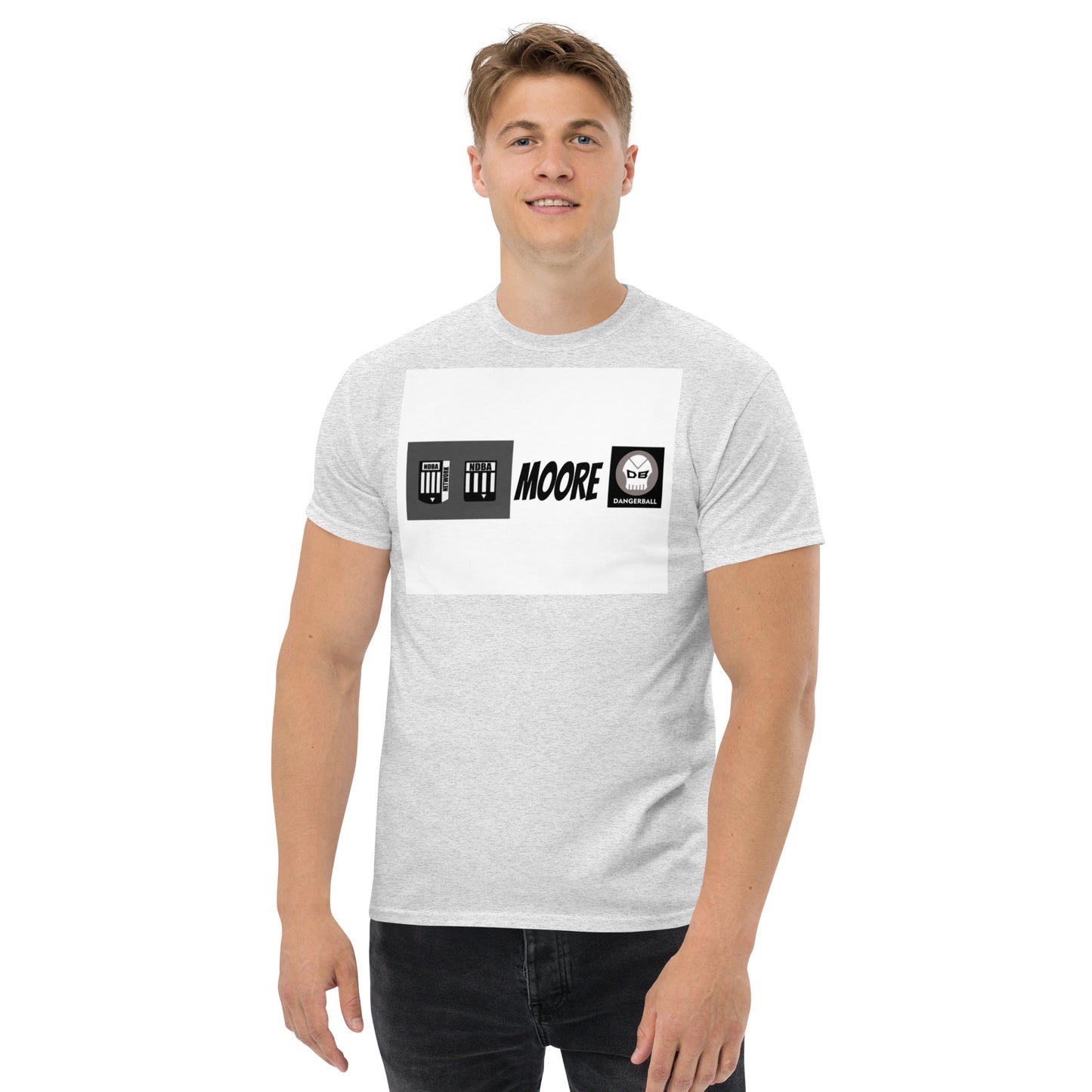 NDBA SHIELD LOGO, NDBA NETWORK SHIELD LOGO, DANGERBALL DB LOGO, MOORE -Men's classic tee