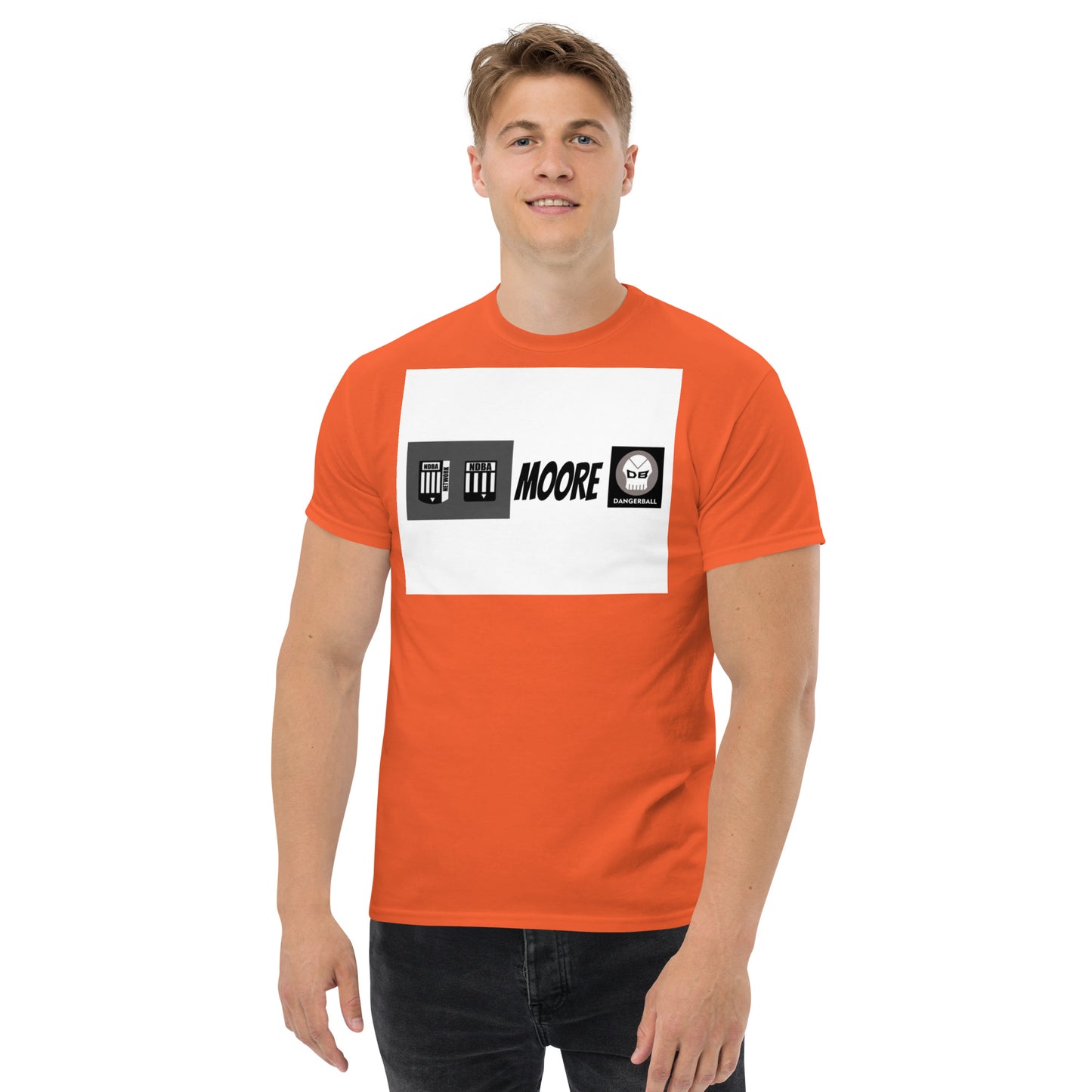 NDBA SHIELD LOGO, NDBA NETWORK SHIELD LOGO, DANGERBALL DB LOGO, MOORE -Men's classic tee