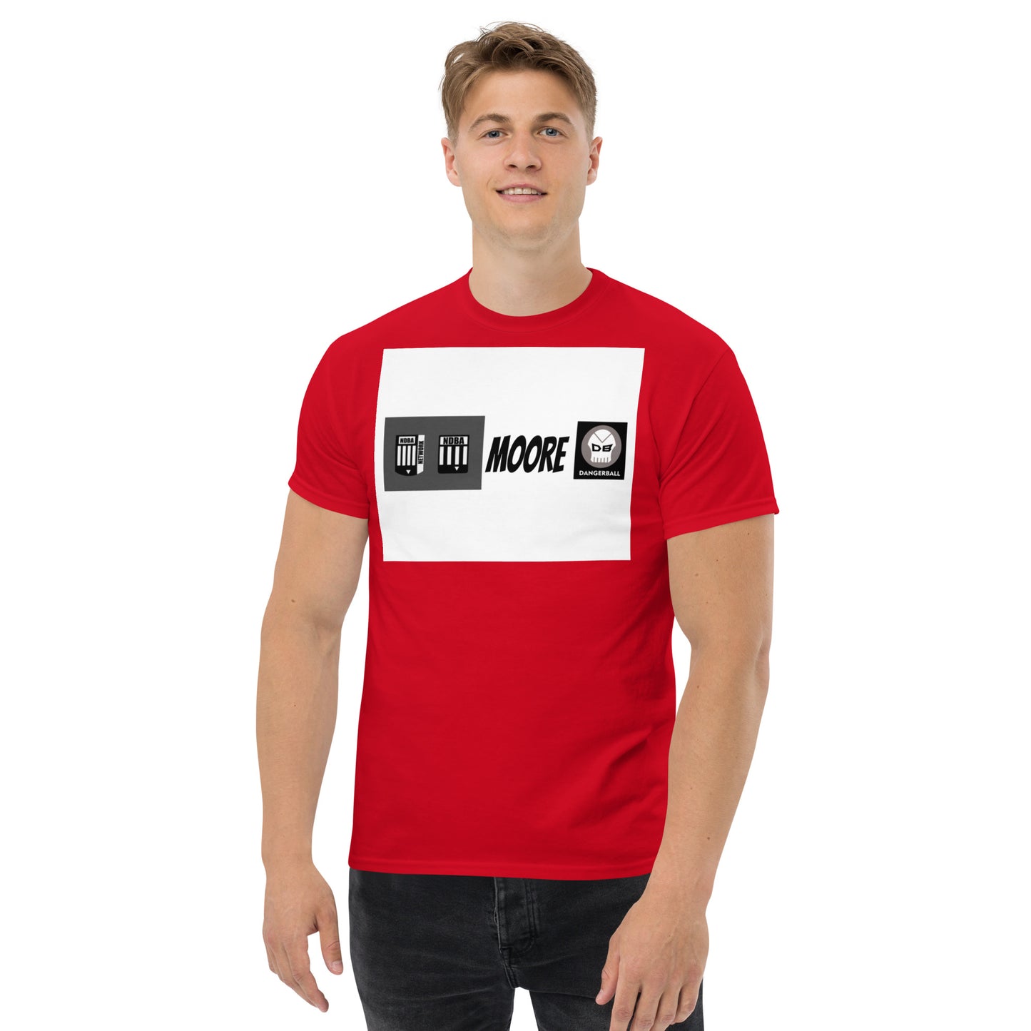NDBA SHIELD LOGO, NDBA NETWORK SHIELD LOGO, DANGERBALL DB LOGO, MOORE -Men's classic tee