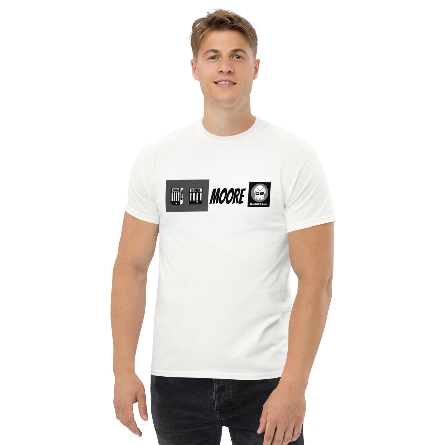 NDBA SHIELD LOGO, NDBA NETWORK SHIELD LOGO, DANGERBALL DB LOGO, MOORE -Men's classic tee