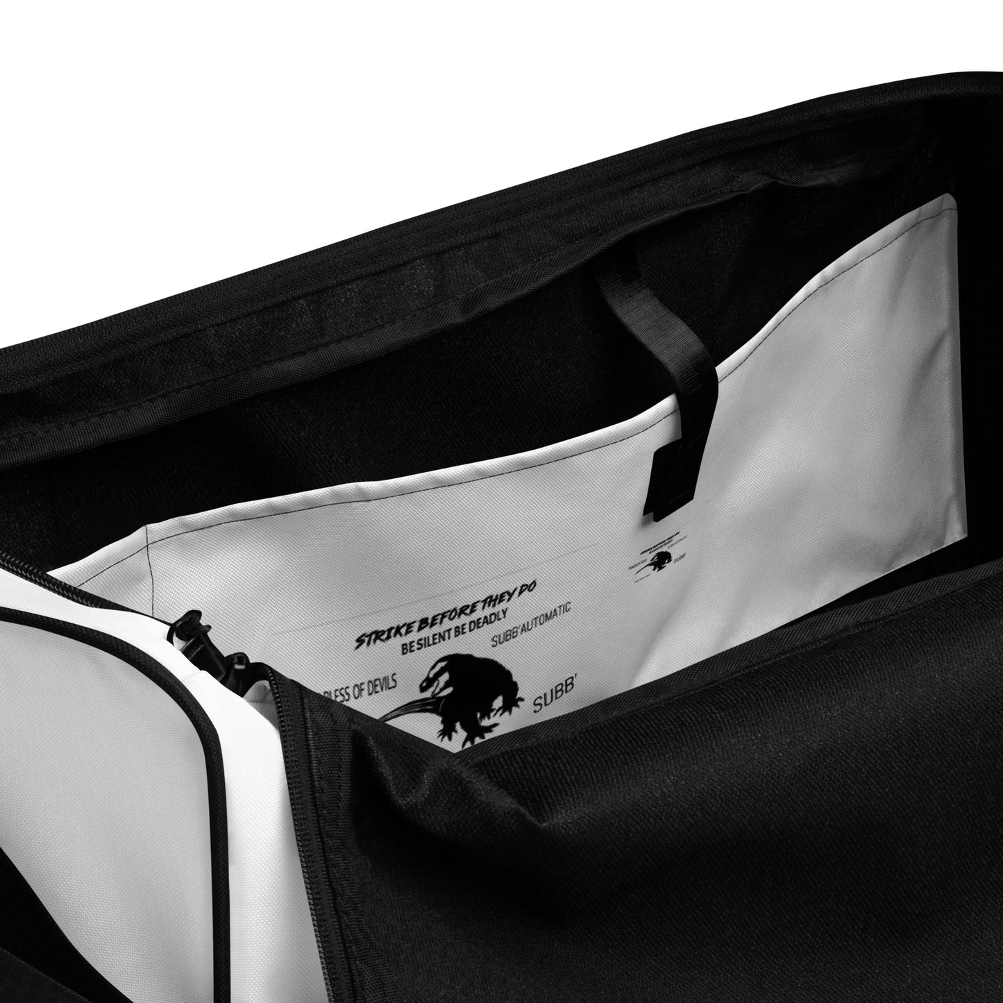 SUBB’AUTOMATIC- SUBB’ - SPACE KOMODO DRAGON TEXT & LOGO- BE SILENT BE DEADLY- FEARLESS OF DEVILS- STRIKE BEFORE THEY DO- Duffle bag