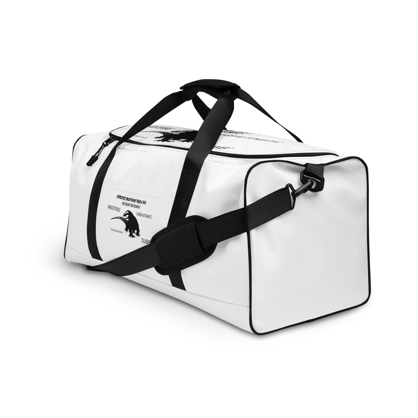SUBB’AUTOMATIC- SUBB’ - SPACE KOMODO DRAGON TEXT & LOGO- BE SILENT BE DEADLY- FEARLESS OF DEVILS- STRIKE BEFORE THEY DO- Duffle bag
